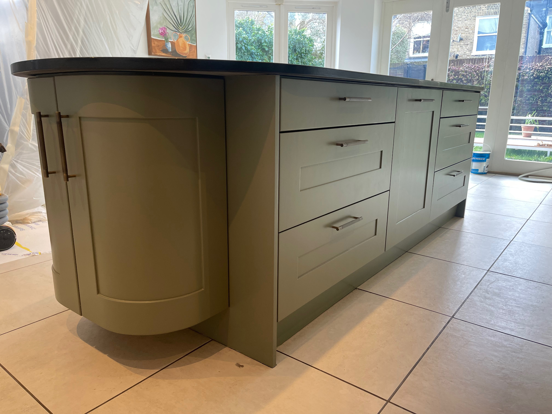 Kitchen island drawer spray finish