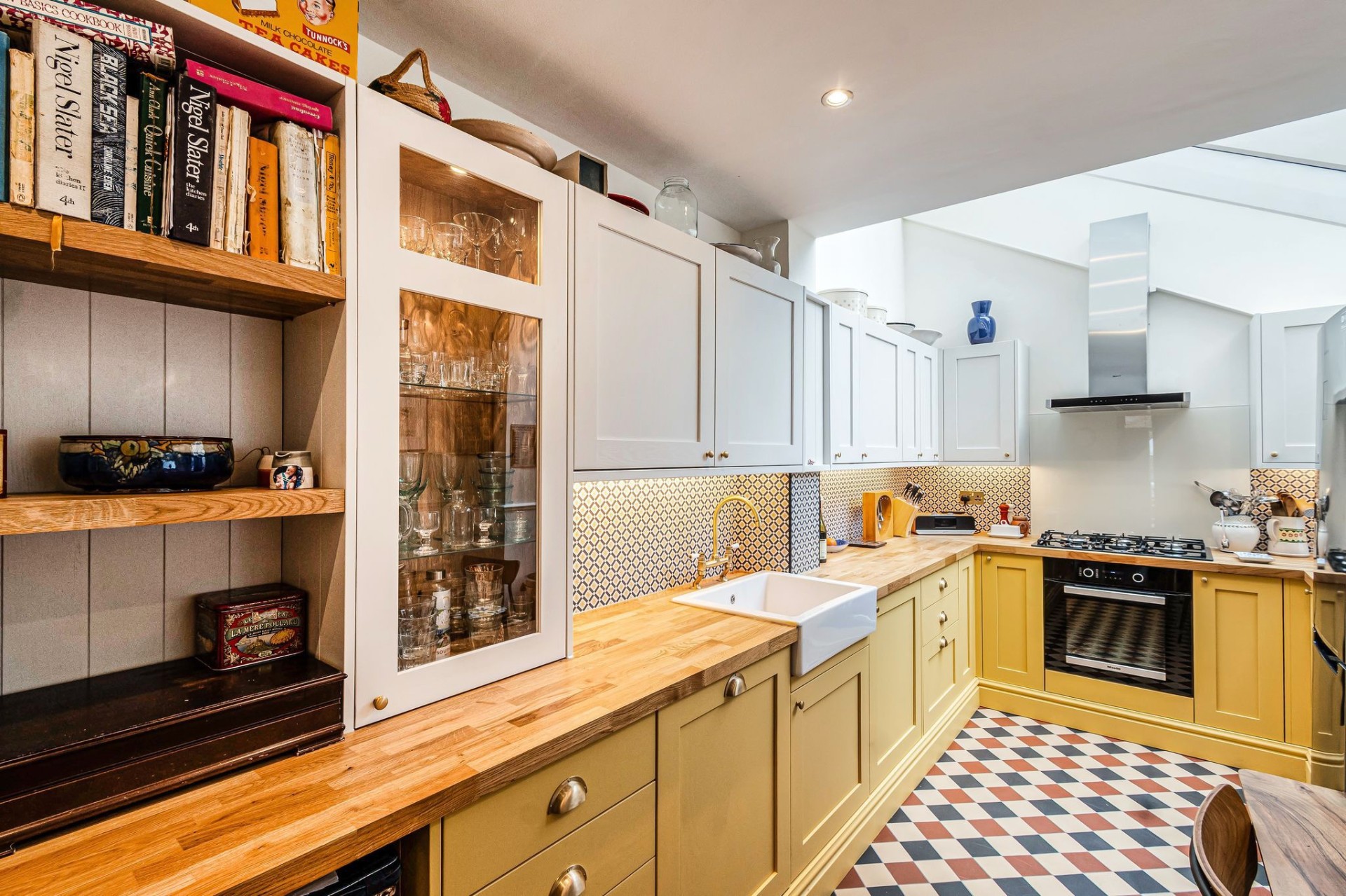 Yellow kitchen cabinet detail